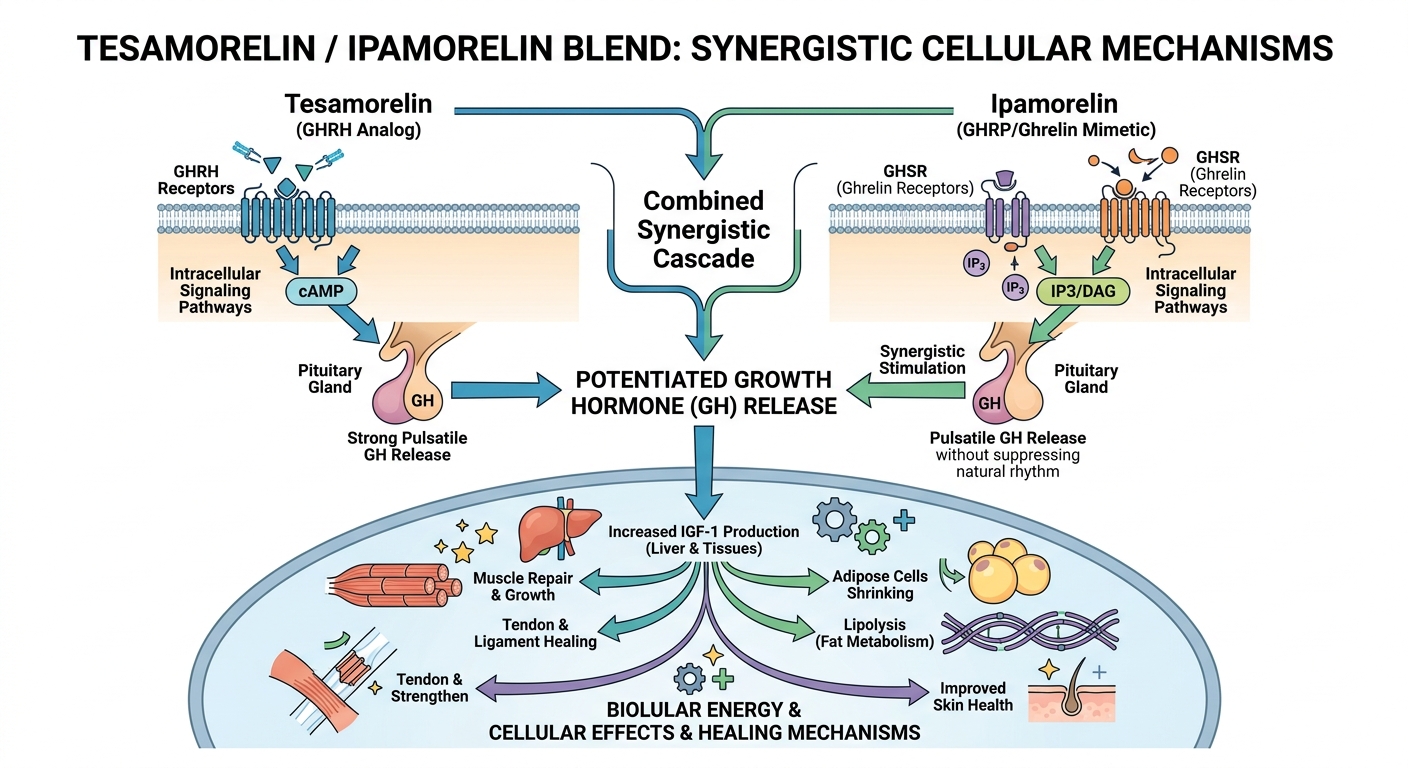 Tesamorelin / Ipamorelin Blend Synergy Pathway Concept